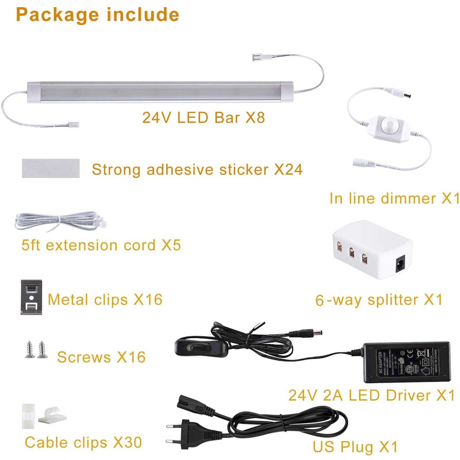LABOREDUCER Lot de 8 lampes LED à intensité variable - 30 cm - Avec prise et interrupteur - Pour cuisine, armoire, placard - Blanc chaud
