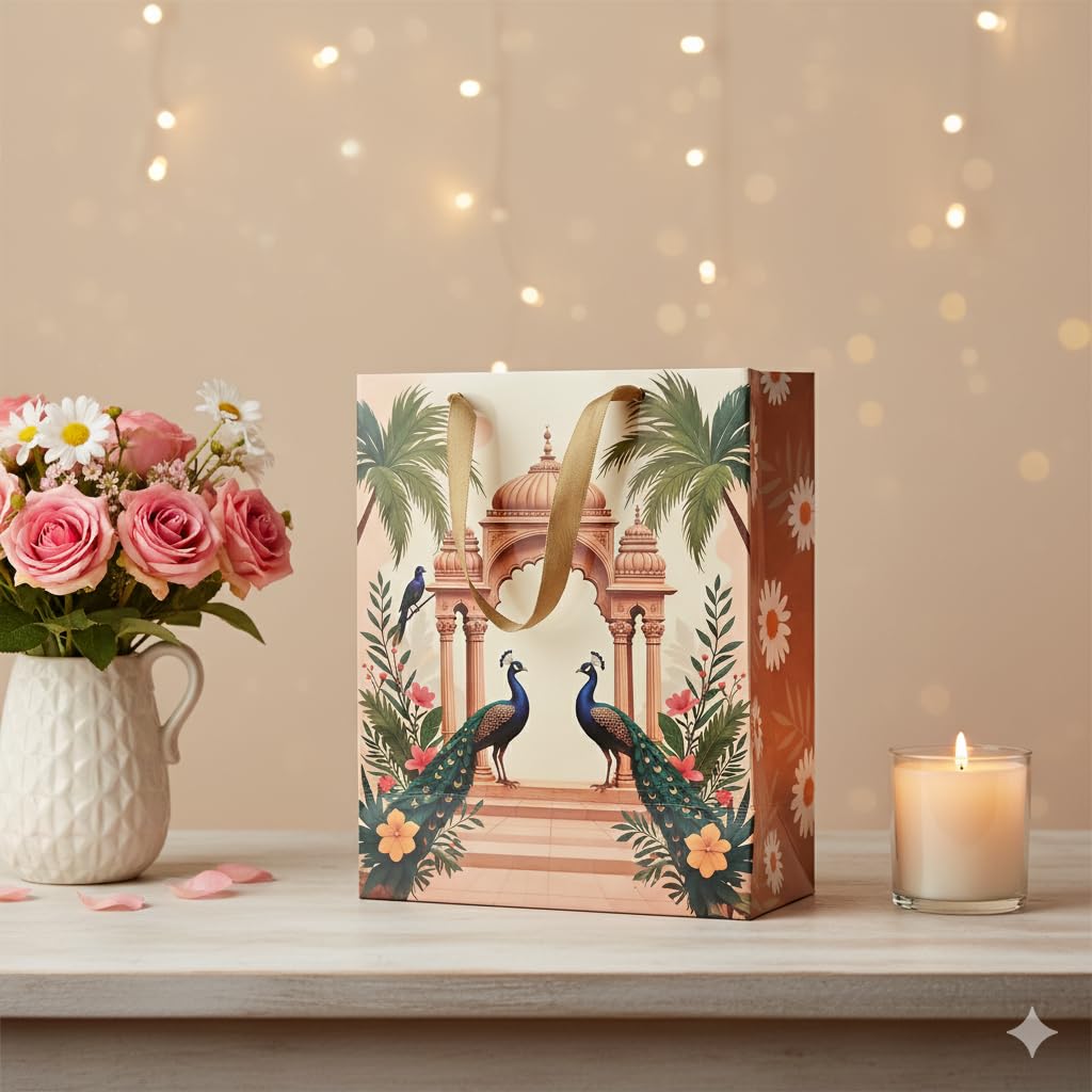 FONSIE paper bags || Luxury Mediuml gift bags (14 * 10 * 4.5 inches) gift bags for gifting in wedding, Diwali, baby shower, birthday, return gifts, goodies-Pack Of 10 (Peacock Brown).