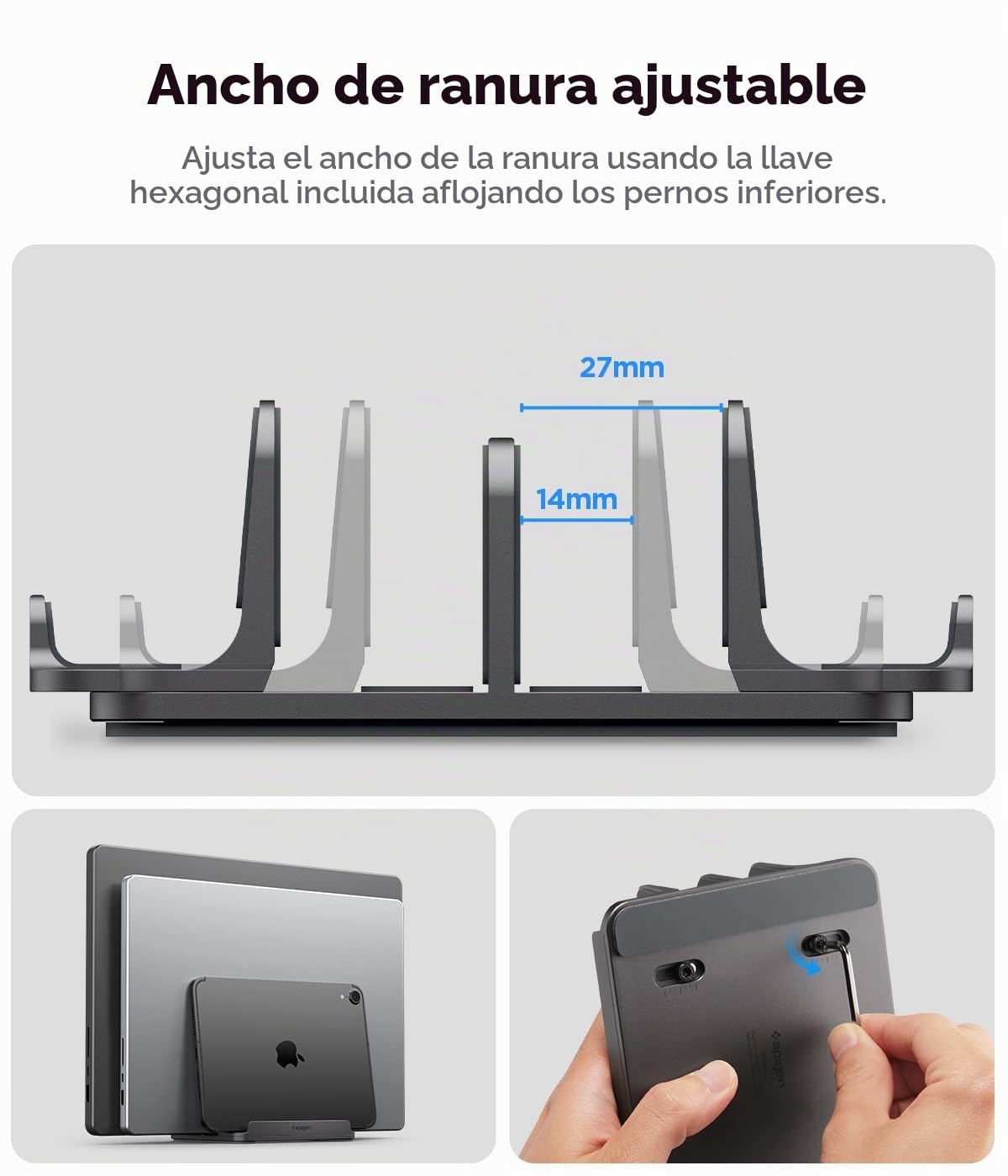 Spigen Soporte Vertical [hasta 4 Dispositivos] Organizador de Escritorio para Portátil, Tablet y Moviles, Compatible con MacBook Pro Air Mini Neo, iPad Pro Air, iPhone 17 16 15, Galaxy, Pixel