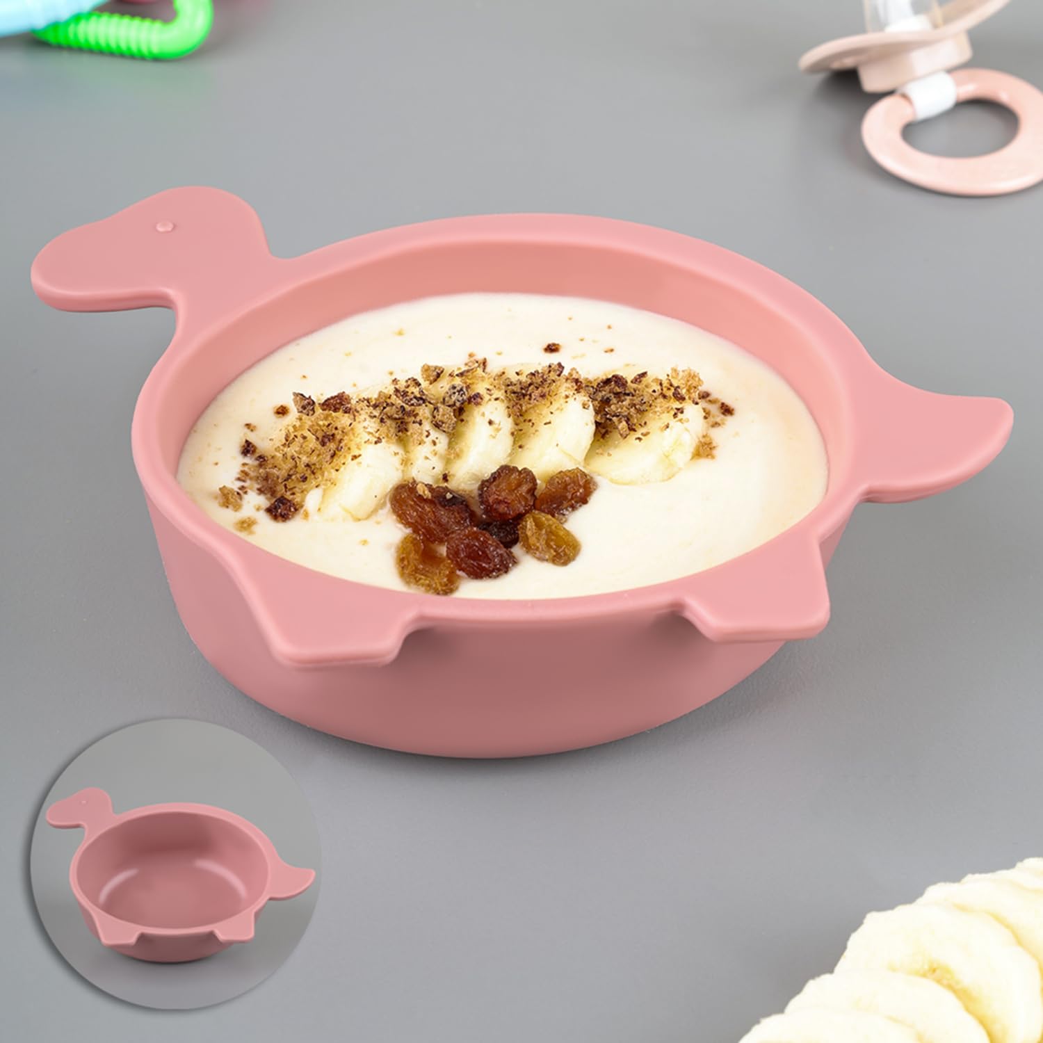 Kaplumbağa Figürlü Silikon Bebek Mama Kasesi - Şekilli Bebek Beslenme Kasesi - Pembe
