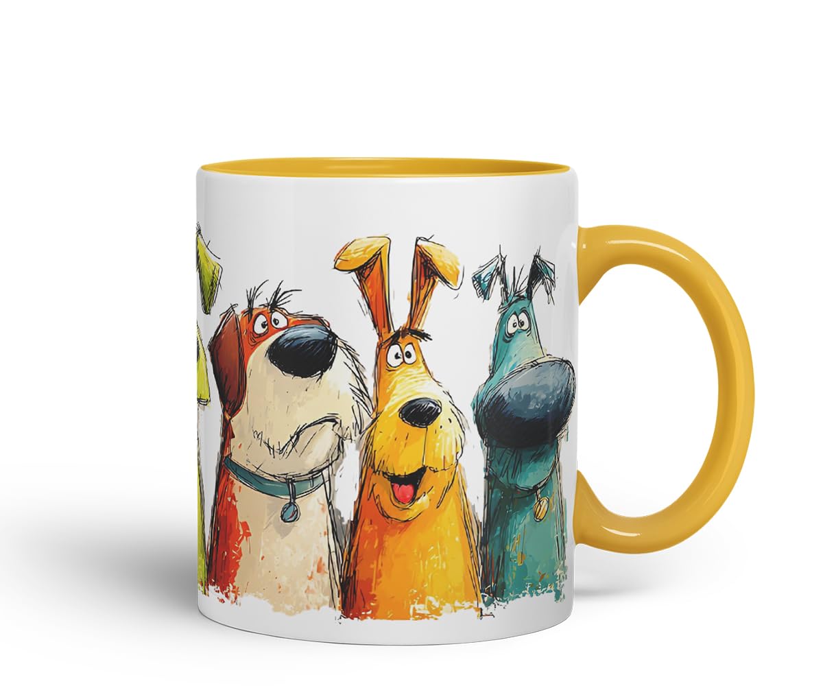 Vixar Funny Colourful Pet Dog Friends Design – Cute Dog Character Mug for Dog Lovers, Coloured Mug Cup Gift, 11oz (Gold Yellow)