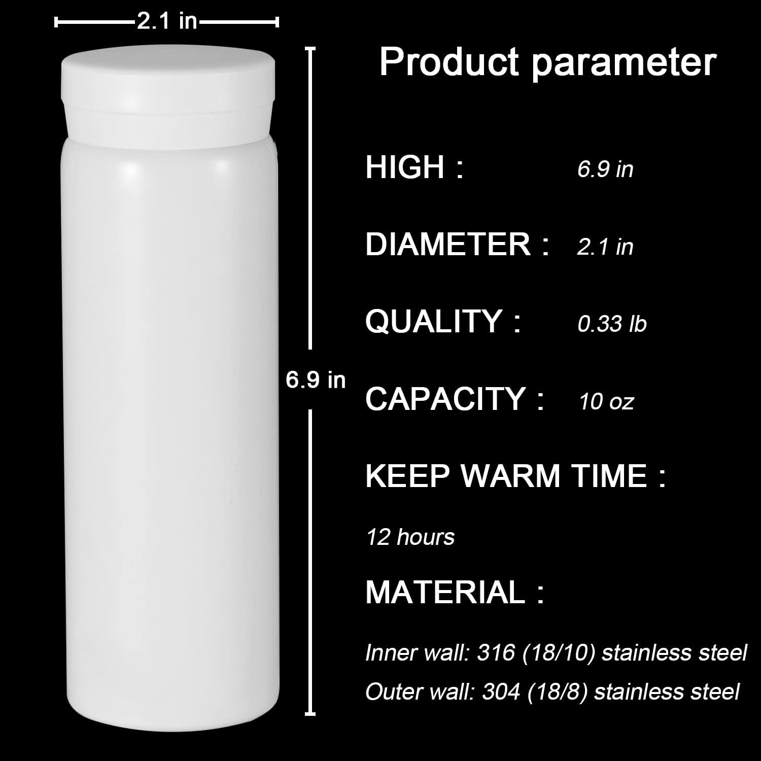 10oz Mini Water Bottle Stainless Steel Thermos Small Flask - Insulated Vacuum, Leak Proof, Keeps Drinks Hot/Cold - Ideal for Coffee, Tea, Water - White - Image 2