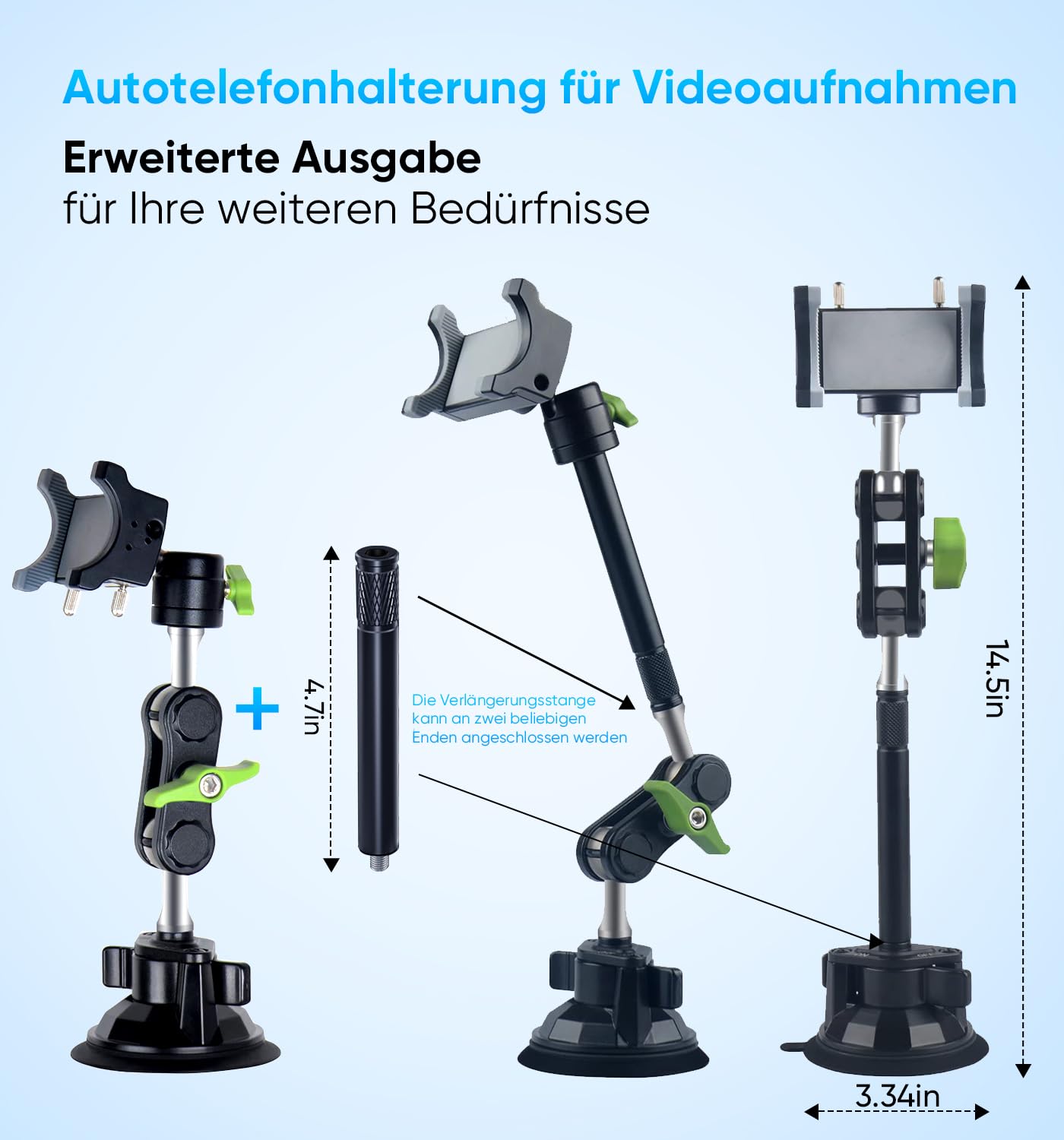 MAGIC JOHN Supporto per telefono da auto, girevole a 360°, forte aspirazione e morsetto stabile, per iPhone per Samsung, auto per smartphone da 4 a 7" (lungo)