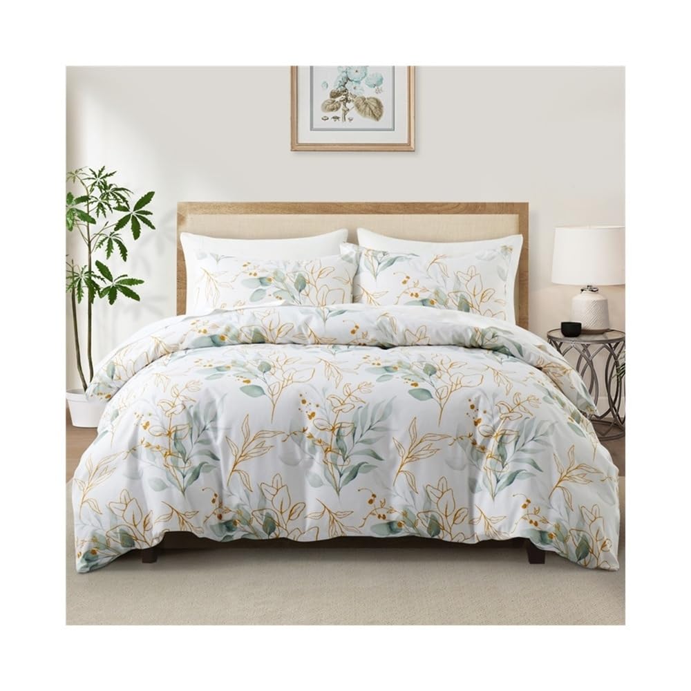 VHKJewE Eucalyptus Leaves Duvet Cover Set Fresh Elegant Botanical Print Bedding with Reversible Comforter Set(EU SK(260x220cm))