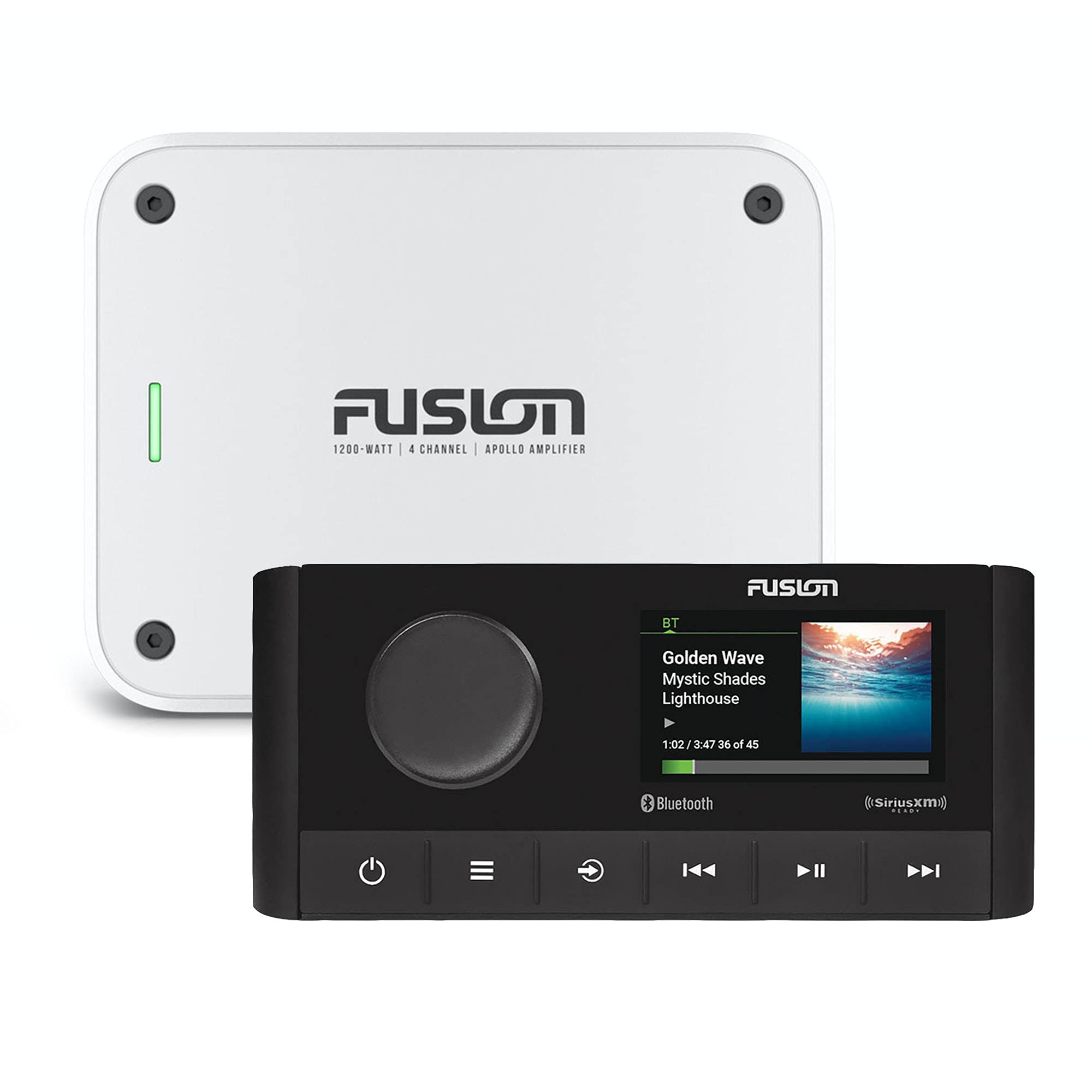 Fusion MS-RA210 Apollo Marine Entertainment System with Fusion MS-AP41200 Apollo 4 Channel Marine Amplifier