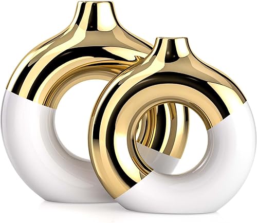 Jarrón blanco y dorado, juego de 2 jarrones de cerámica, jarrones dorados para decoración del hogar, jarrón redondo blanco para centros de mesa,