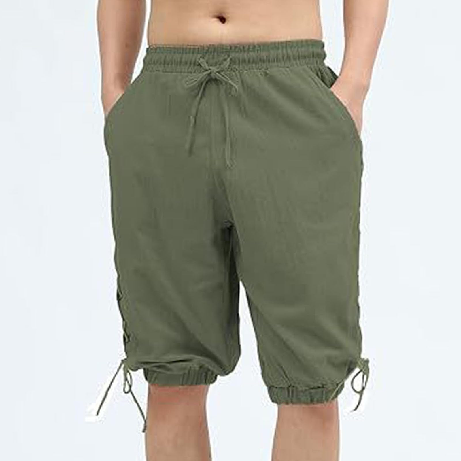 Generisch Baumwoll Shorts Herren mittelalterliche Piratenhose für Herren mittelalterliche Taillierte Passform mit Bindedesign Shorts Einfarbige Kurze Hose Unterhalb des Knies