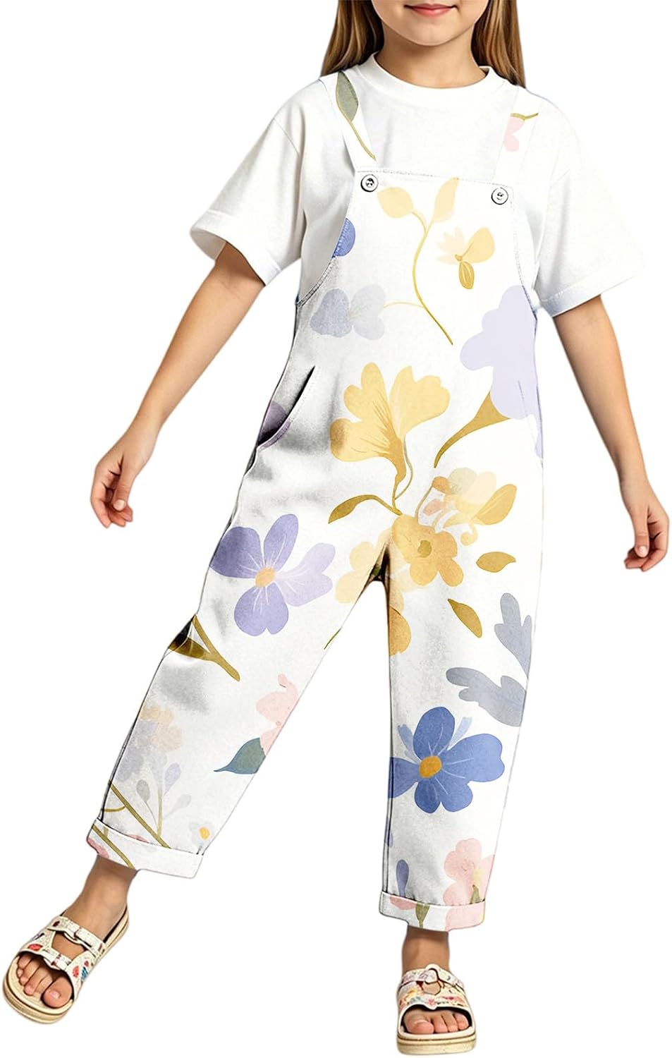 Girls Cotton Linen Overalls Casual Baggy Cute Graphic Jumpsuit Sleeveless Wide Leg Adjustable Stretchy Romper Teen Light