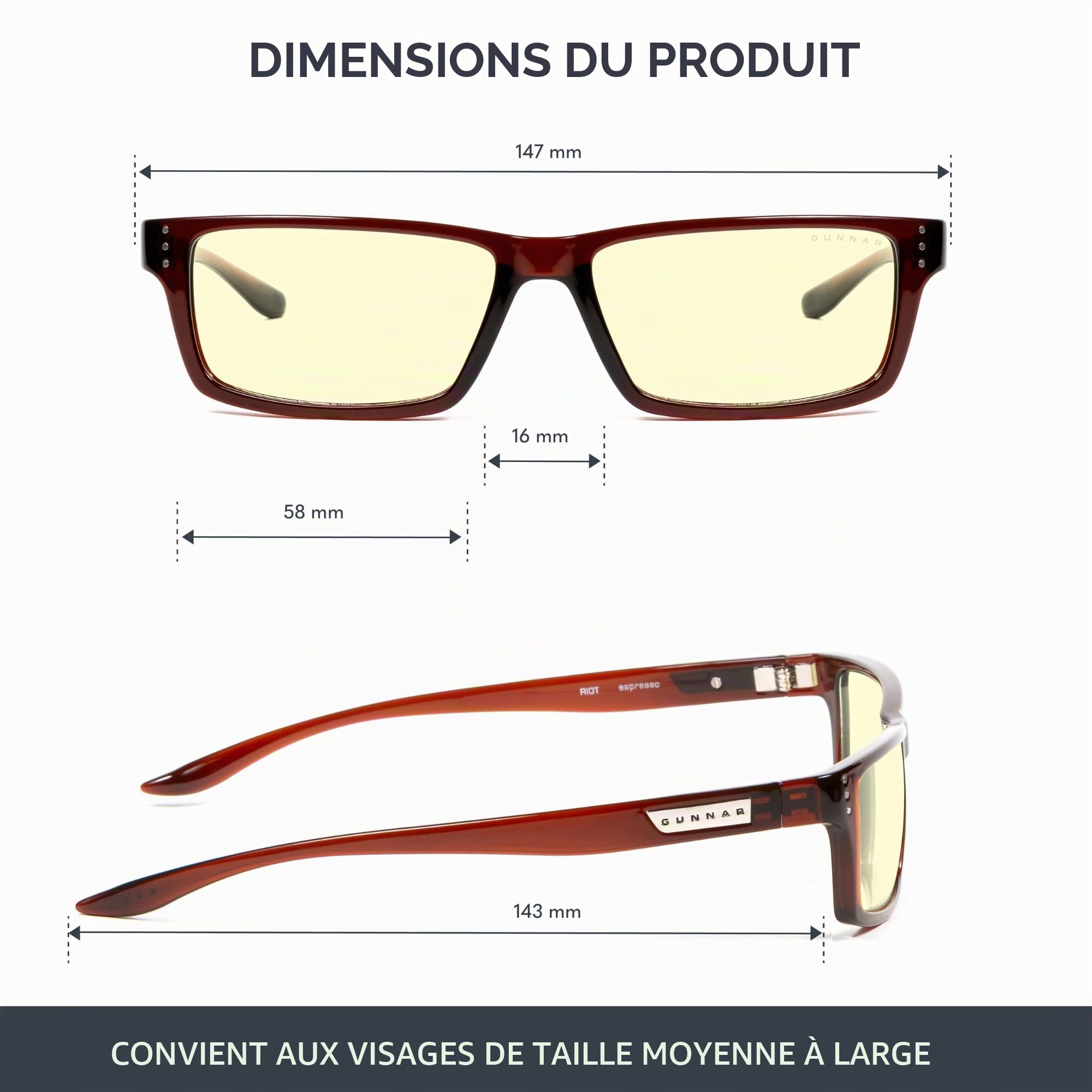 Gunnar Lunettes de jeu et d'ordinateur | Modèle : Riot, Lentille : ambre | Lunettes anti-lumière bleue | Lentille brevetée, 65 % de protection contre la lumière bleue et 100 % de protection contre les