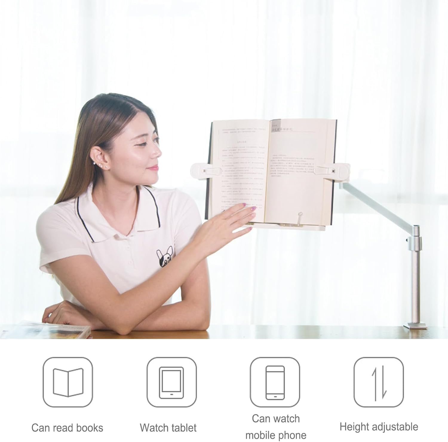 Uchwyt do czytania na biurko, stojak na tablet z zaciskiem i boczną konstrukcją stołu, regulowany uchwyt na książki obracany o 360°, czytanie bez użycia rąk, regulacja wysokości dla wygodnego
