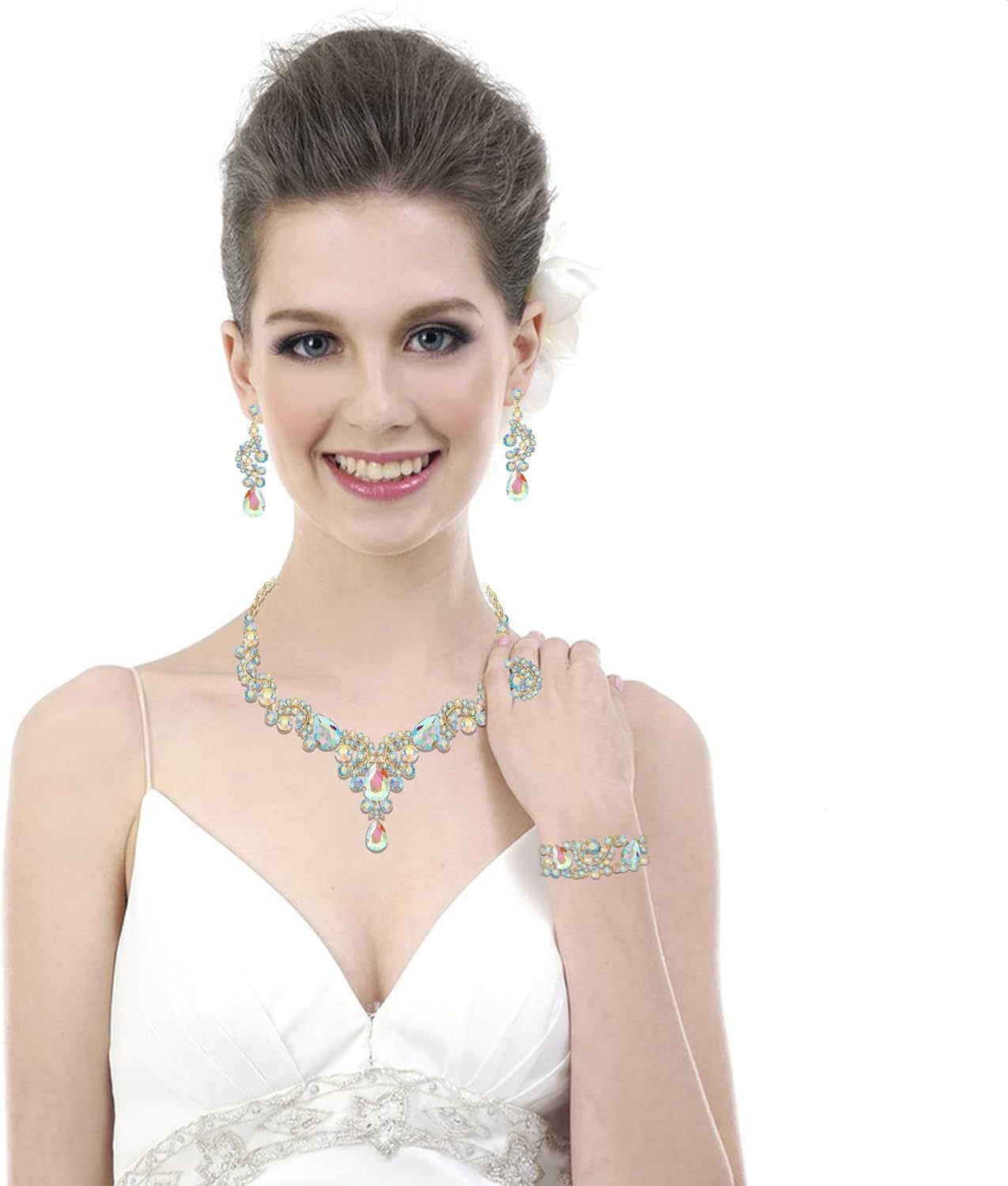 Crystal Bridal Wedding Jewelry Sets for Women Rhinestone Teardrop Crystal Statement Choker Necklace Drop Earrings Link Bracelets Rings Teardrop Jewelry Set for Brides Bridesmaids - Image 3