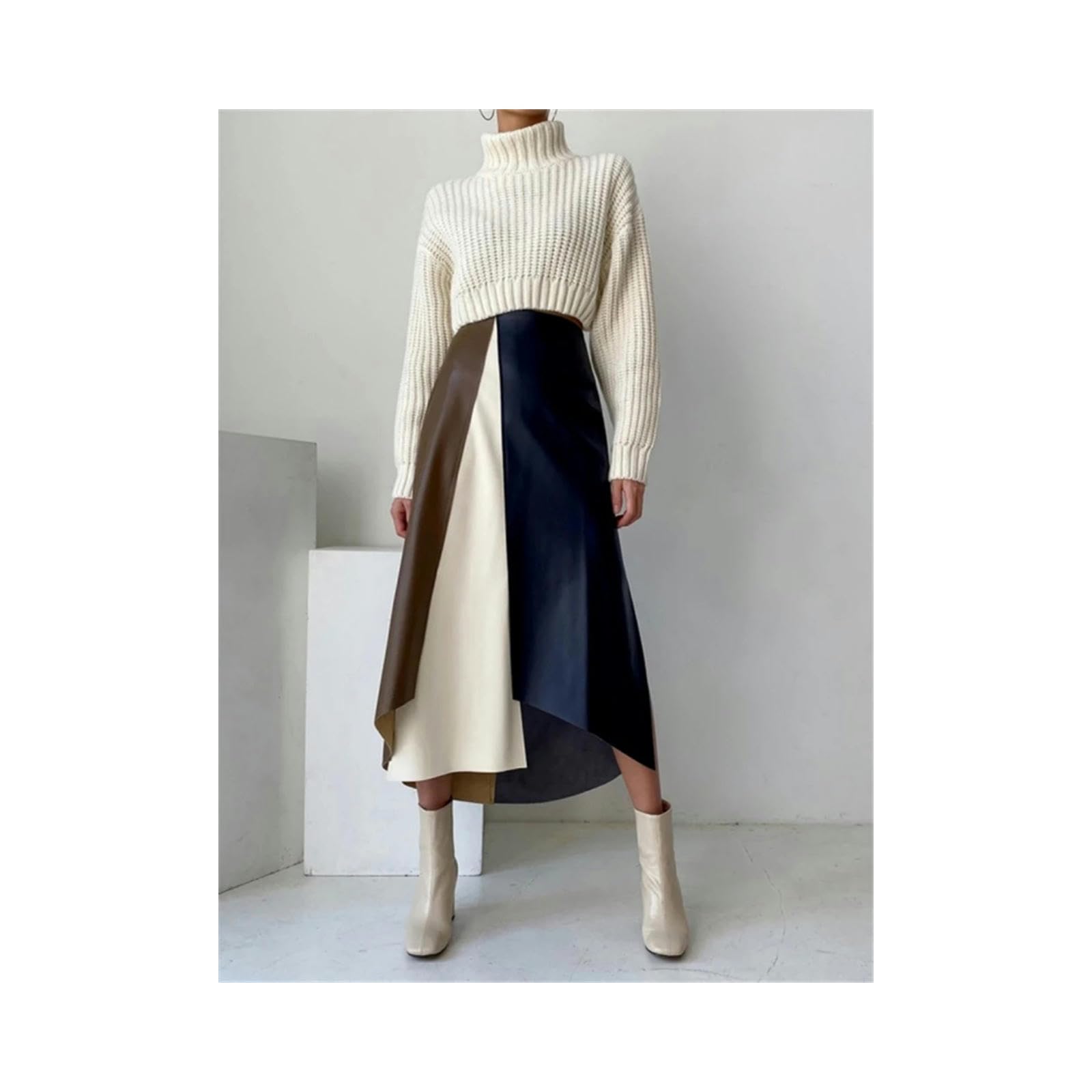 Spódnica blokująca kolory wysoka talia szykowna patchworkowa jesień zima damskie długie skórzane spódnice