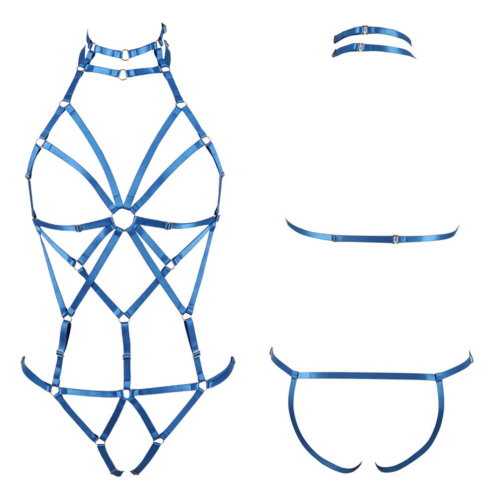Women's Punk Body Harness Lingerie Full Waist Garter Belts Set Strappy Frame Cage Rave bras