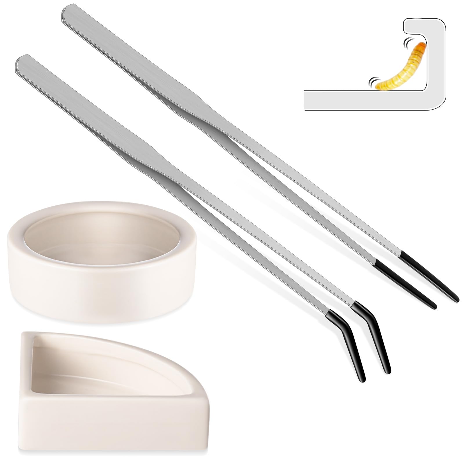 2 Pcs Reptile Feeding Tongs Stainless Steel Long Handle Tweezers Straight and Bent Rubber Tipped Tweezers with 2 Pcs Reptile Food Dish Bowl Terrarium Feeder Tools for Gecko Snake (10'', 10.5'')