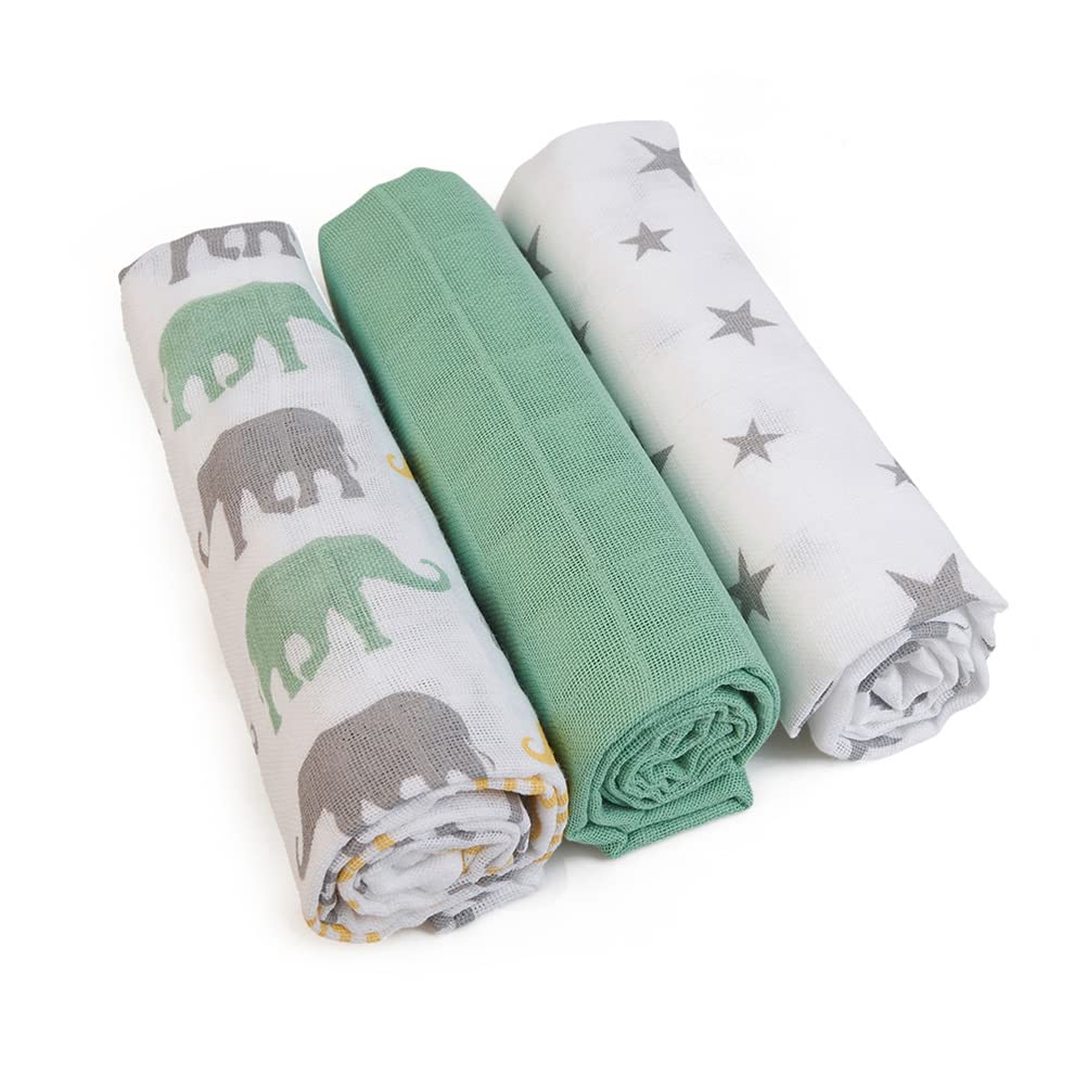 GRÜNSPECHT Pannolini di garza 70 x 70 cm in 100% cotone, senza sbiancanti ottici, delicati sulla pelle e assorbenti, 3 pezzi, verde, stelle, elefanti (1500-V4)