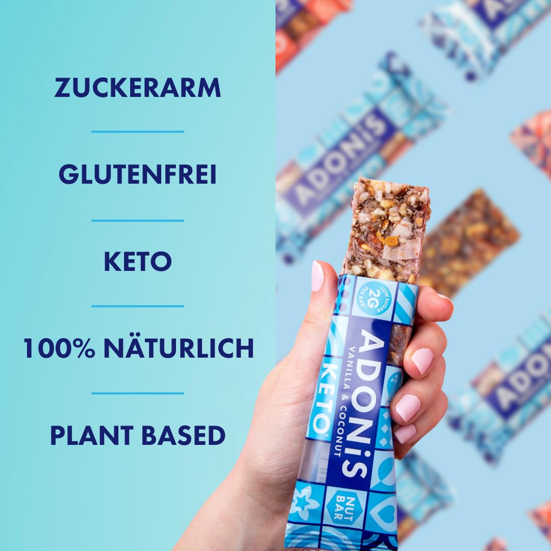 Adonis Keto Riegel Vanille- & Kokosnuss | 16x 35g | Keto Snacks | Vegan & 100% natürlich | Low Carb Bar und Low Sugar Snack | Perfect Keto-Diät Bars | Glutenfrei, ohne Zuckerzusatz (Vanille & Kokos)
