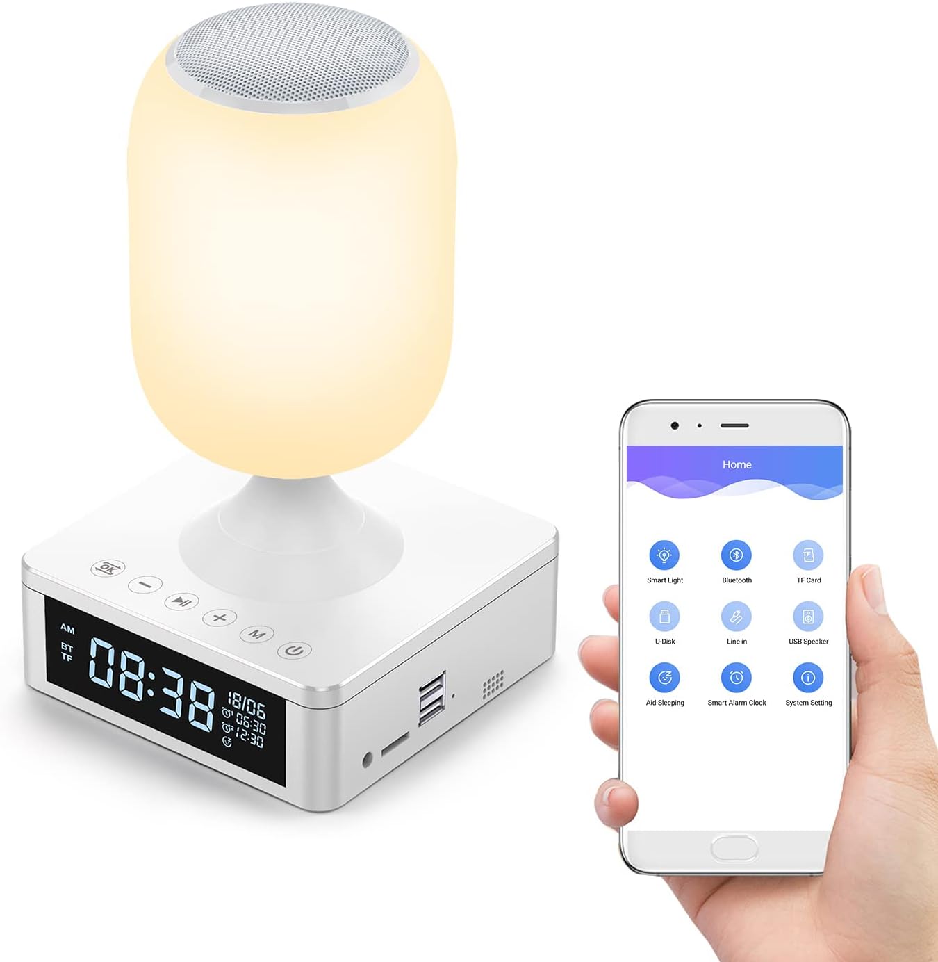 LED Table Lamp,Music Bedside Lamp with 2 USB Ports,Sunrise Alarm Clock