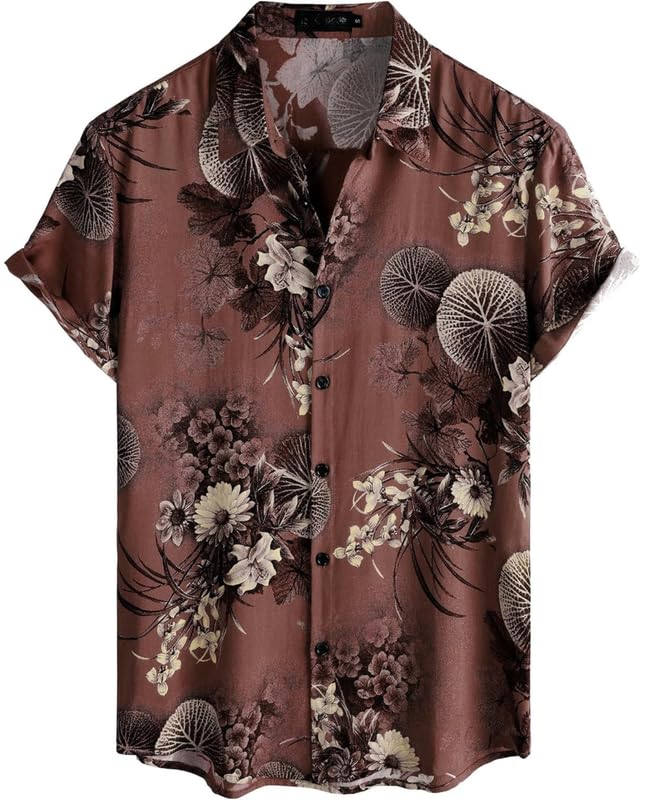 Image of NoseQueen Floral Print Cotton Multi-Colored Short Sleeve Button Down Beach Outfits for Men Shirt