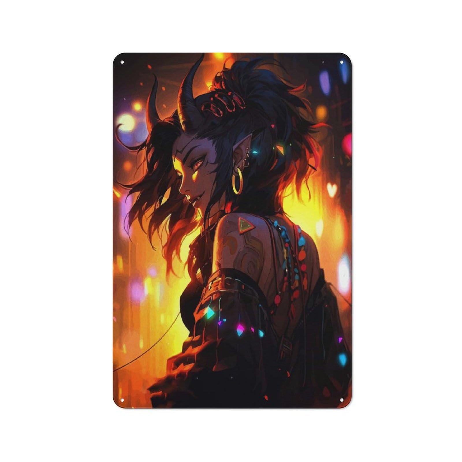 Junmoney Girls Style-15 Metal Plaque 30X20cm With Demon With Horns And Tattoos For Garage Wall, Vintage Decor, Autumn Home Decor For Collectors Of Metal Signs