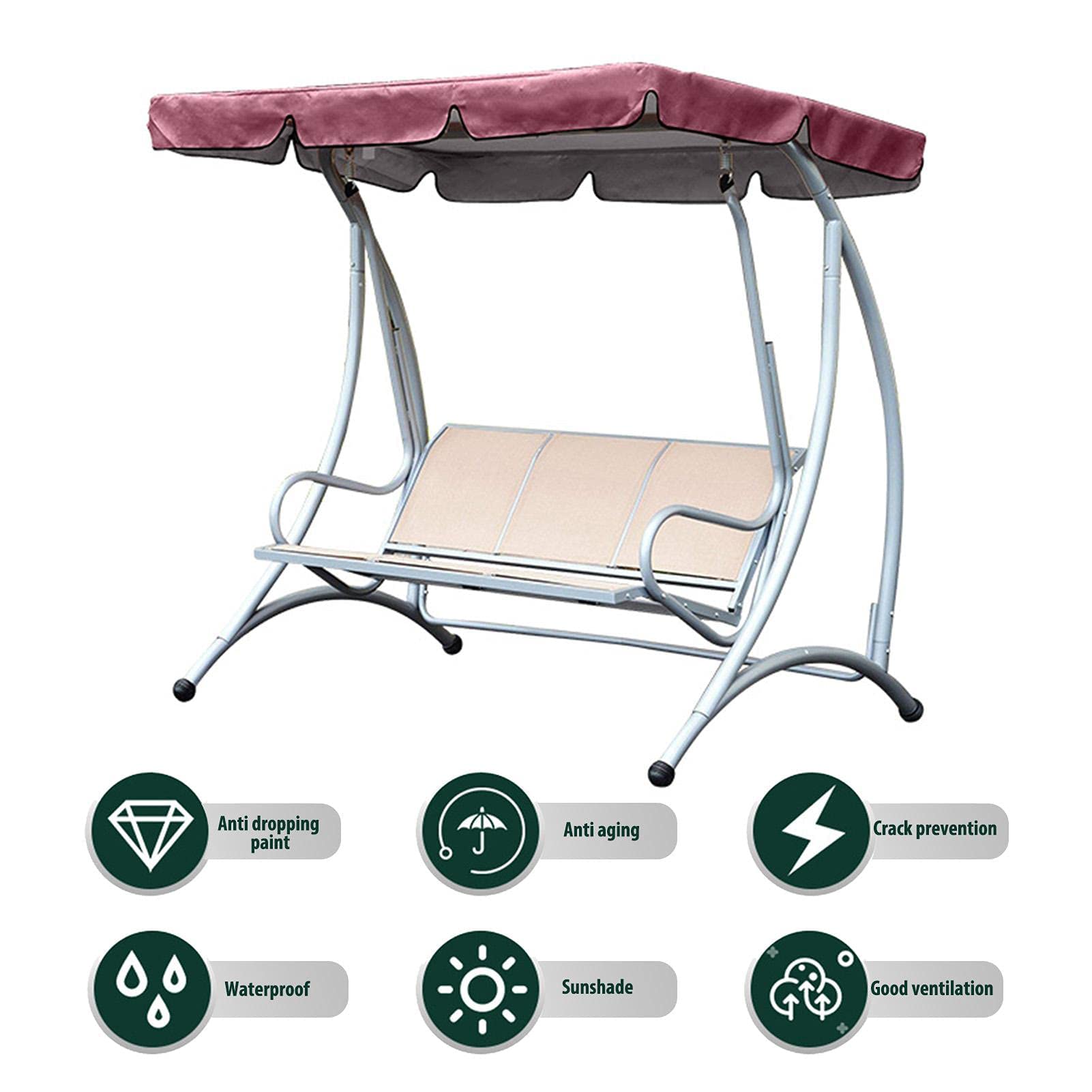 Tettuccio di Ricambio Universale per Dondolo da Giardino A 2-3 Posti, Impermeabile Copertura di Ricambio Altalena da Patio Anti-UV Parasole Tettuccio per Esterno,Wine Red,249x185x18cm