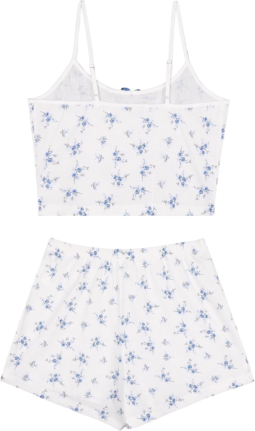 Hilinker Womens 2 Piece Cute Pajama Set Ribbed Cami Top and Shorts Sleepwear Summer Pjs White Blue Floral Small - Image 6