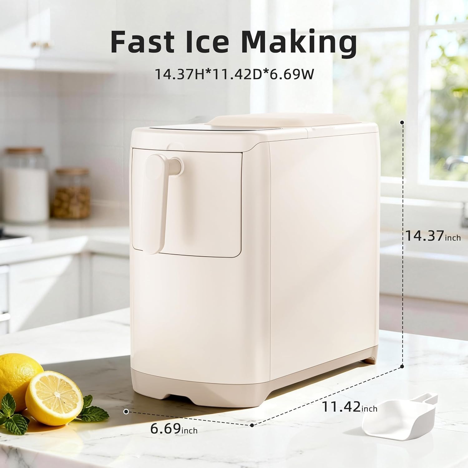 Electactic Countertop Ice Maker Machine 18lbs/24H, 6-Min Fast Bullet Portable Ice Maker, 6.69” Slim Space-Saving with Auto-Drain Drawer, Self-Cleaning, Scoop for Kitchen RV, Cream White view 5