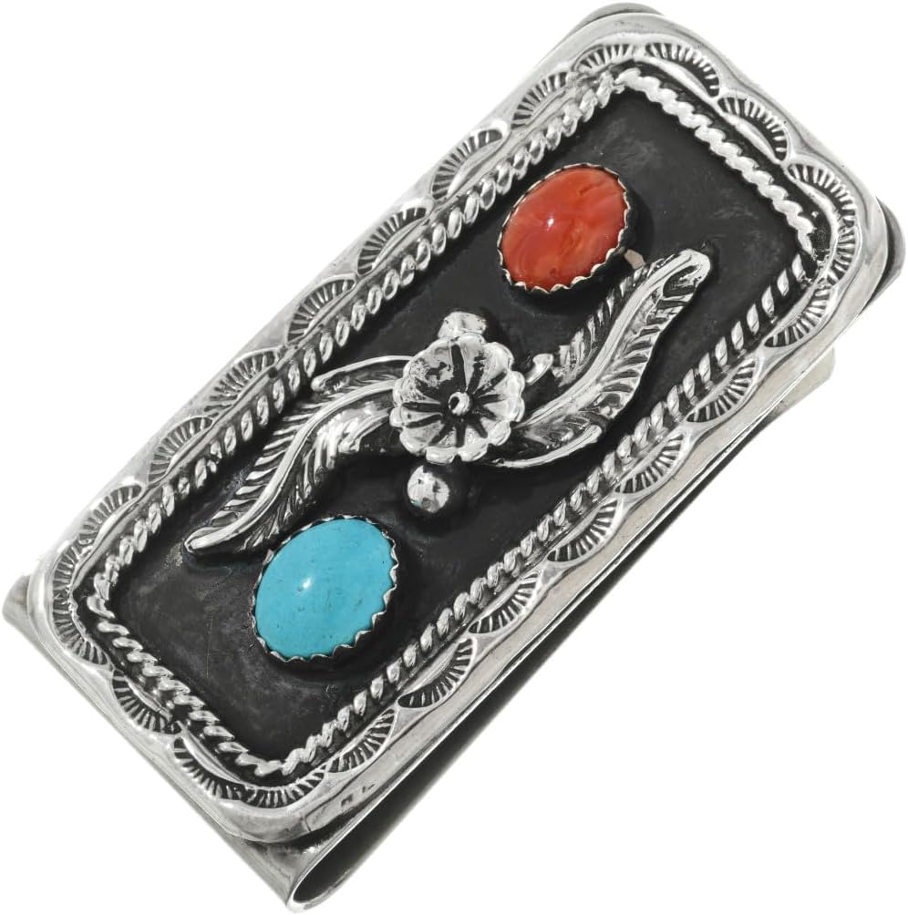 Alltribes Navajo Turquoise Coral Silver Money Clip Sterling Nature Design on Silver Clamp 0060