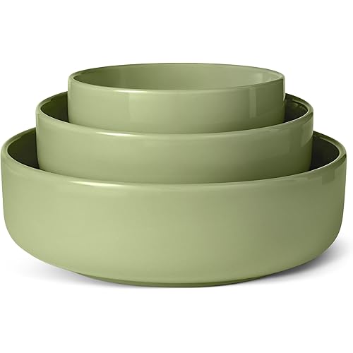 Amazon Basics Glazed Stoneware Serving Bowls, 3-Piece Set, Dishwasher-Safe, Olive