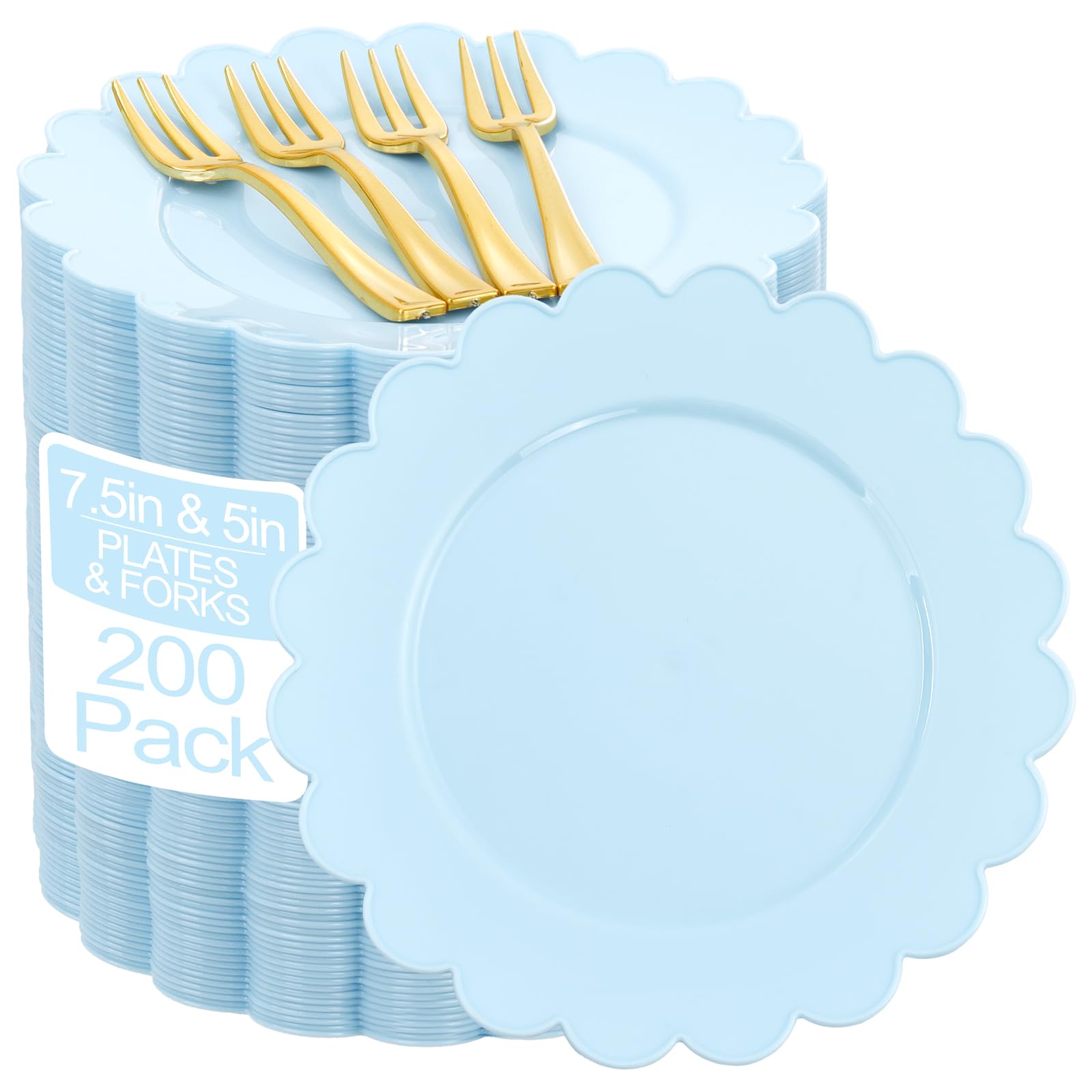Photo 1 of *** COLOR WHITE*** LIYH 200 Pcs Ivory Plastic Plates and Gold Forks- Scalloped Dessert Plate 7.5" Disposable Fancy Plastic Plate,Baby Shower Cake Plates Mothers Party Tableware Dishes