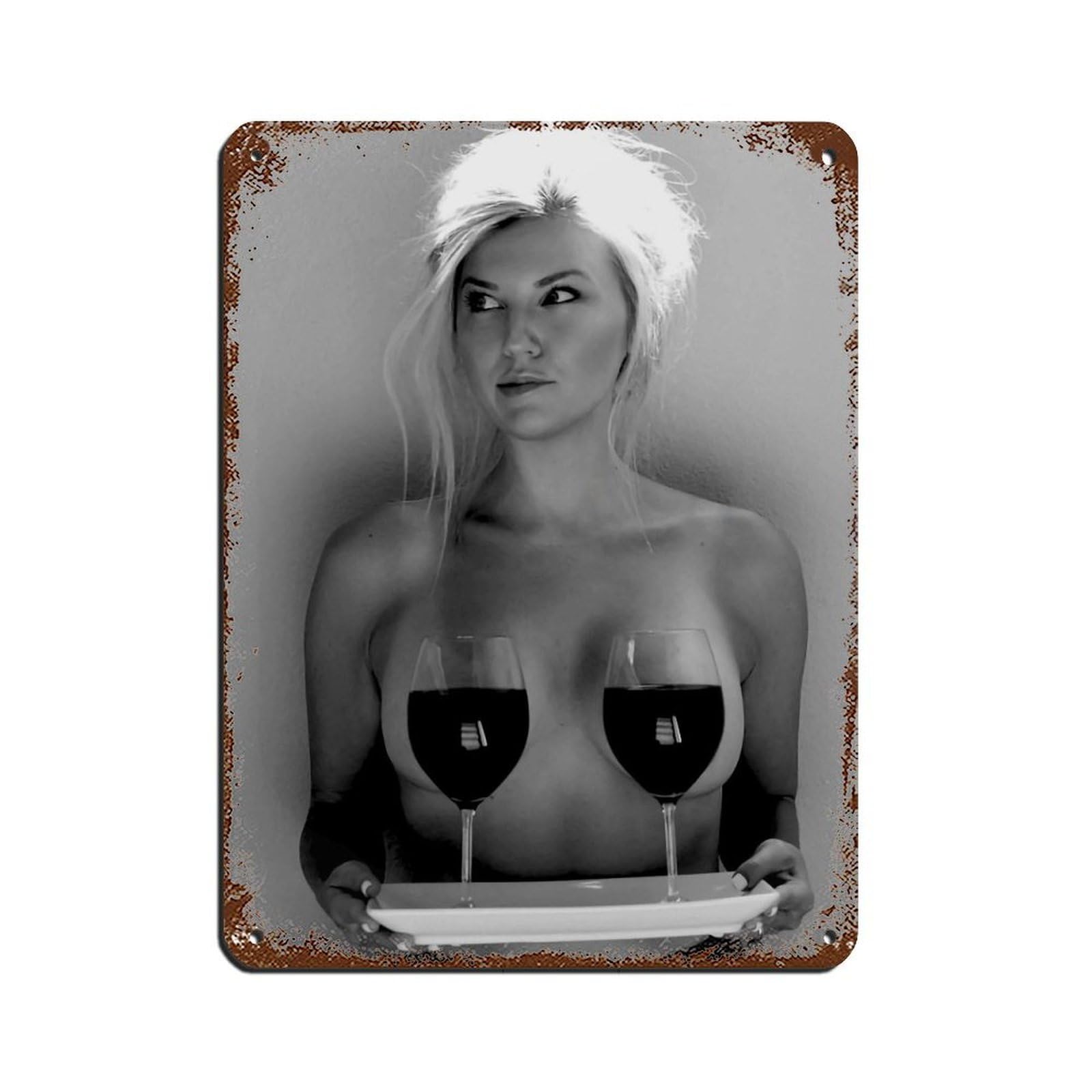 Sexy Woman Holding Wine Glasses Poster Tin Sign Vintage Metal Pub Club Cafe Bar Home Wall Art Decoration Poster Retro 12x16inch(30x40cm)