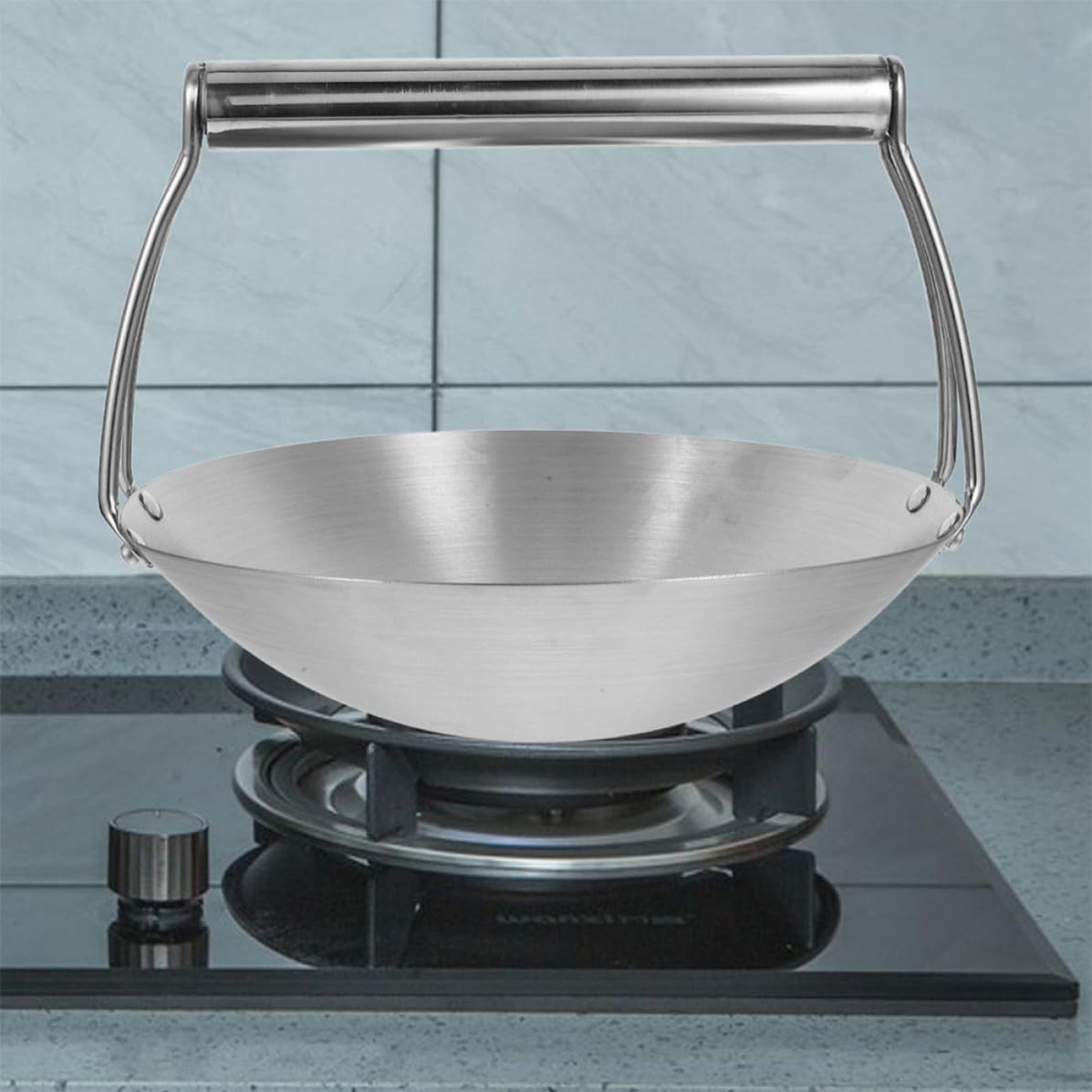 Artibetter Wok à Fond Plat en Acier Inoxydable 12,5 Pouces Argenté