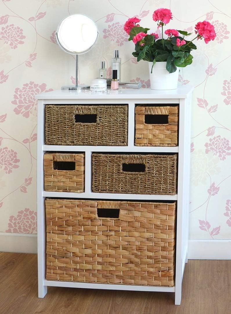 White Storage Unit with 5 Drawers. Solid hallway bathroom basket storage unit. FULLY ASSEMBLED.