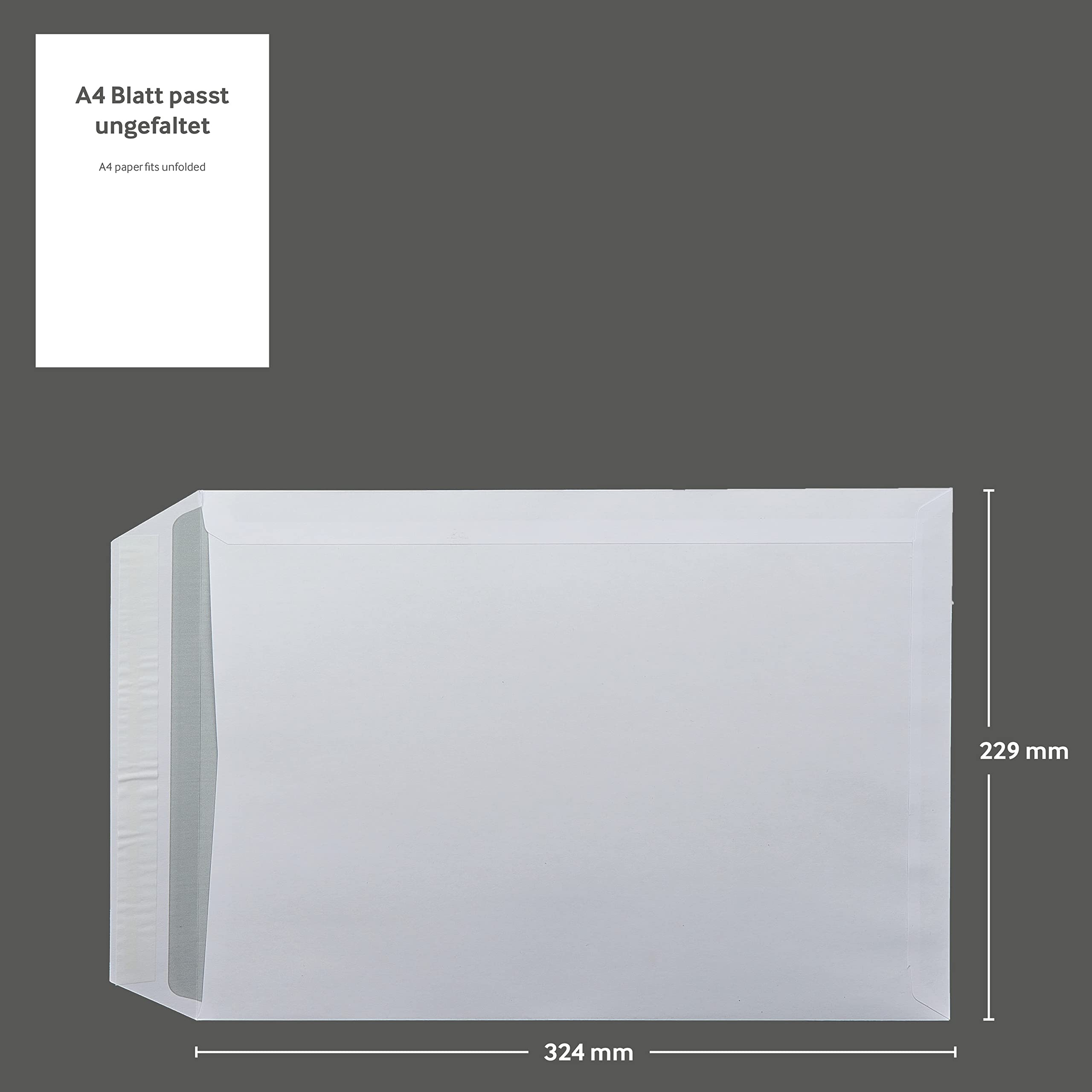 Versandtaschen DIN C4, 229 x 324 mm, ohne Fenster, 250 Stück, Weiß | Haftklebend, Gerade Klappe, 120 g/m² Offset, Blanke Briefhüllen