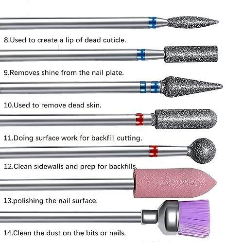 Miniatura 4 de Juego de 14 brocas de uñas, kit profesional de brocas rotativas de diamante para quitar cutículas, 3/32 pulgadas, lima de uñas eléctricas para uñas