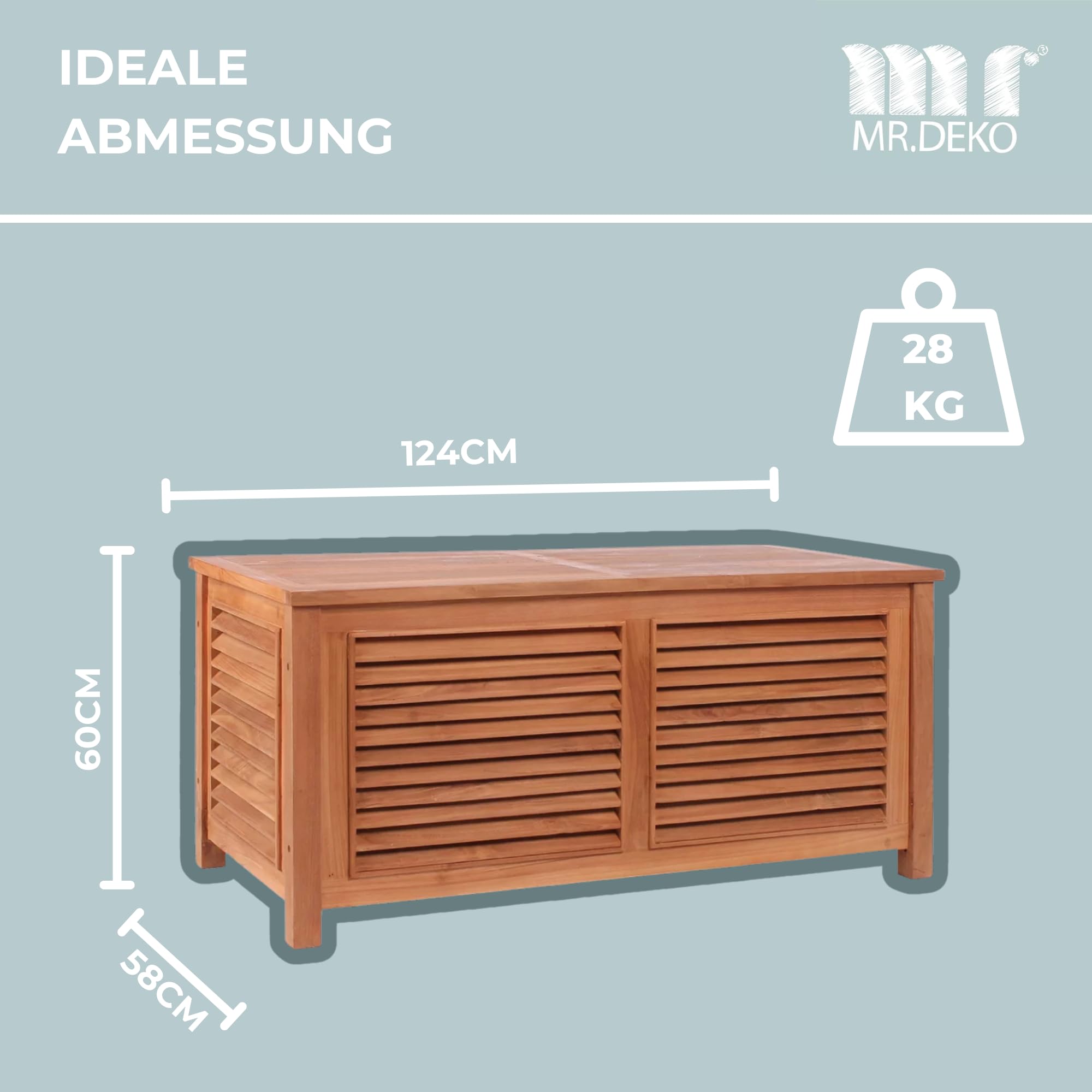 MR. DEKO Gartenbox Teak 430L | Balkon Aufbewahrung 124cm | Auflagenbox | Truhe wetterfest Outdoor