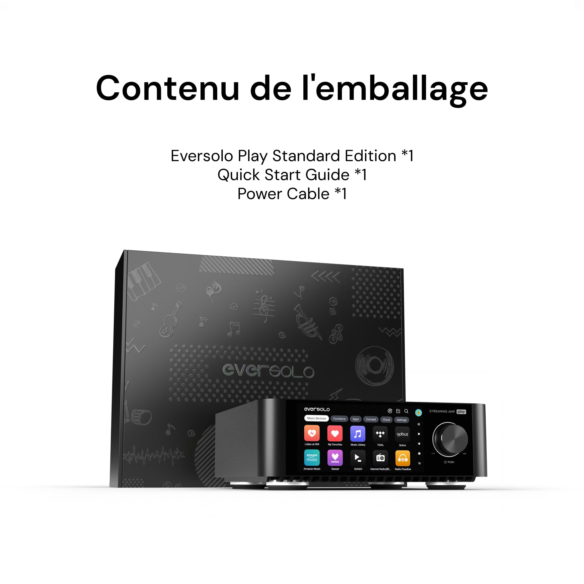 EVERSOLO Play Lecteur de Musique Tout-en-Un avec Amplificateur | Écran Tactile de 5,5 Pouces, Prise en Charge Multiroom et Correction de Pièce, Diffusion Tidal, Qobuz et Plus | Noir(Édition Standard)
