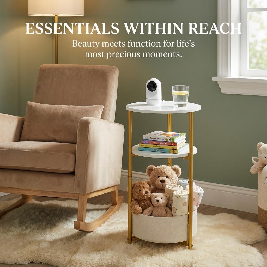 Small Round Side Table with Storage Basket, 3-Tier Narrow End Table Nightstand for Living Room Bedroom, 11.8" Diameter Modern Bedside Table for Small Spaces, Wood Grain & Metal Frame (White & Gold)