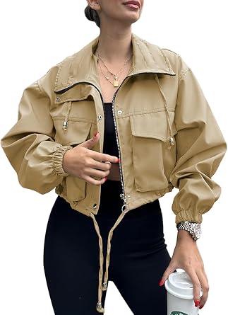 Tankaneo Womens Cropped Jacket Zip Up Lightweight Oversized Utility Anorak