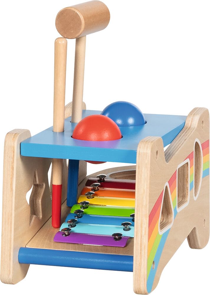 goki 58304 - Panca a martello con xilofono e funzione di smistamento, 12 pezzi, giocattolo motorio in legno con suoneria estraibile – panca 3 in 1, scatola di smistamento, xilofono