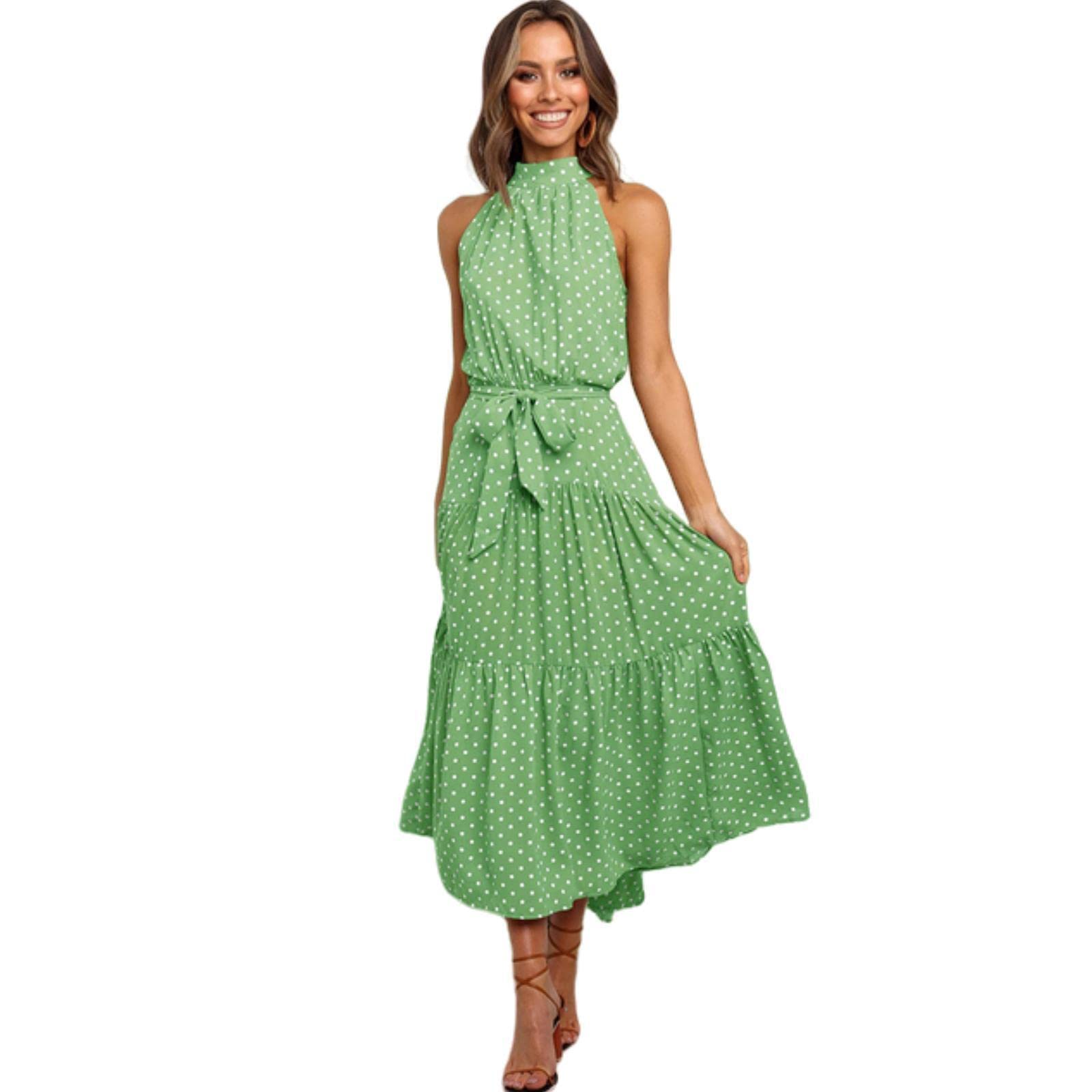 TOBILE Vestido largo de verano con lunares, vestido informal sin tirantes, amarillo, ideal para vacaciones, ropa femenina