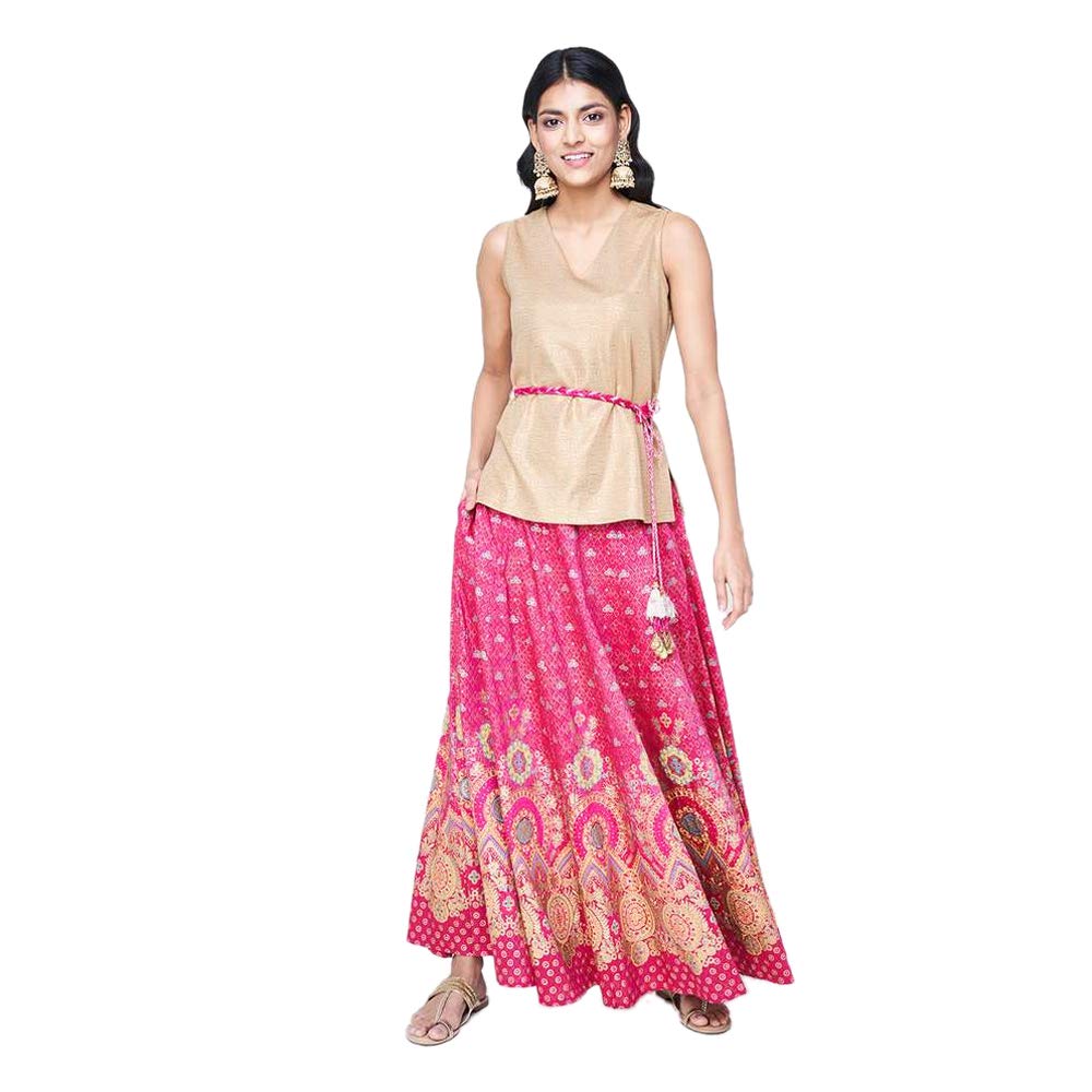 global desi Womens V Neck Fit and Flare Printed Top and Skirt Set with Belt