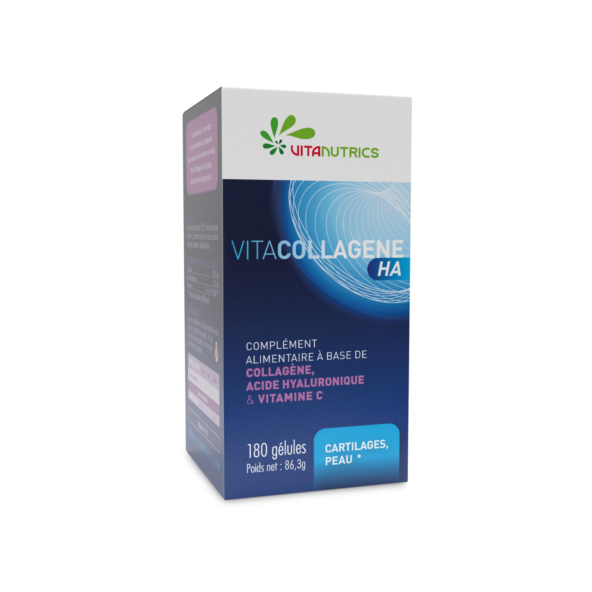 Vitanutrics - VITACOLLAGENE HA - Os, Gencives et Cartilages - Enrichi en Acide Hyaluronique et Vitamine C - Fabriqué en France - 90/180 Gélules (180 gélules)