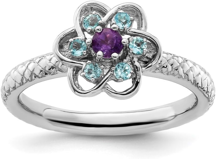 Diamond2Deal Sterling Silver Stackable Expressions Amethyst & Blue Topaz Stackable Ring Size 5 to 10