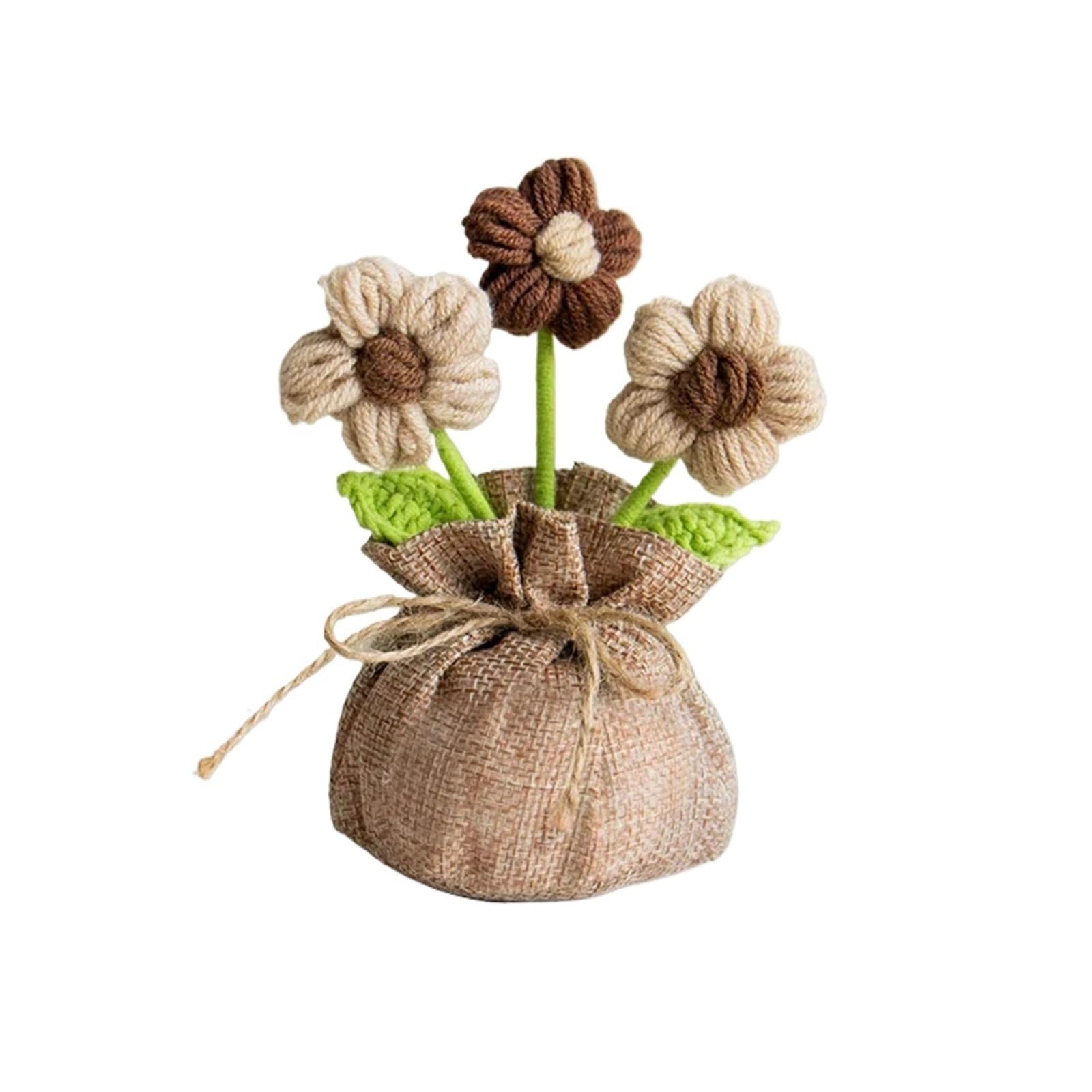 ENWWCH Knitted Flowers Potted Cute Crochet Knitting Flower Wedding Guest Gift For Home(Color1)