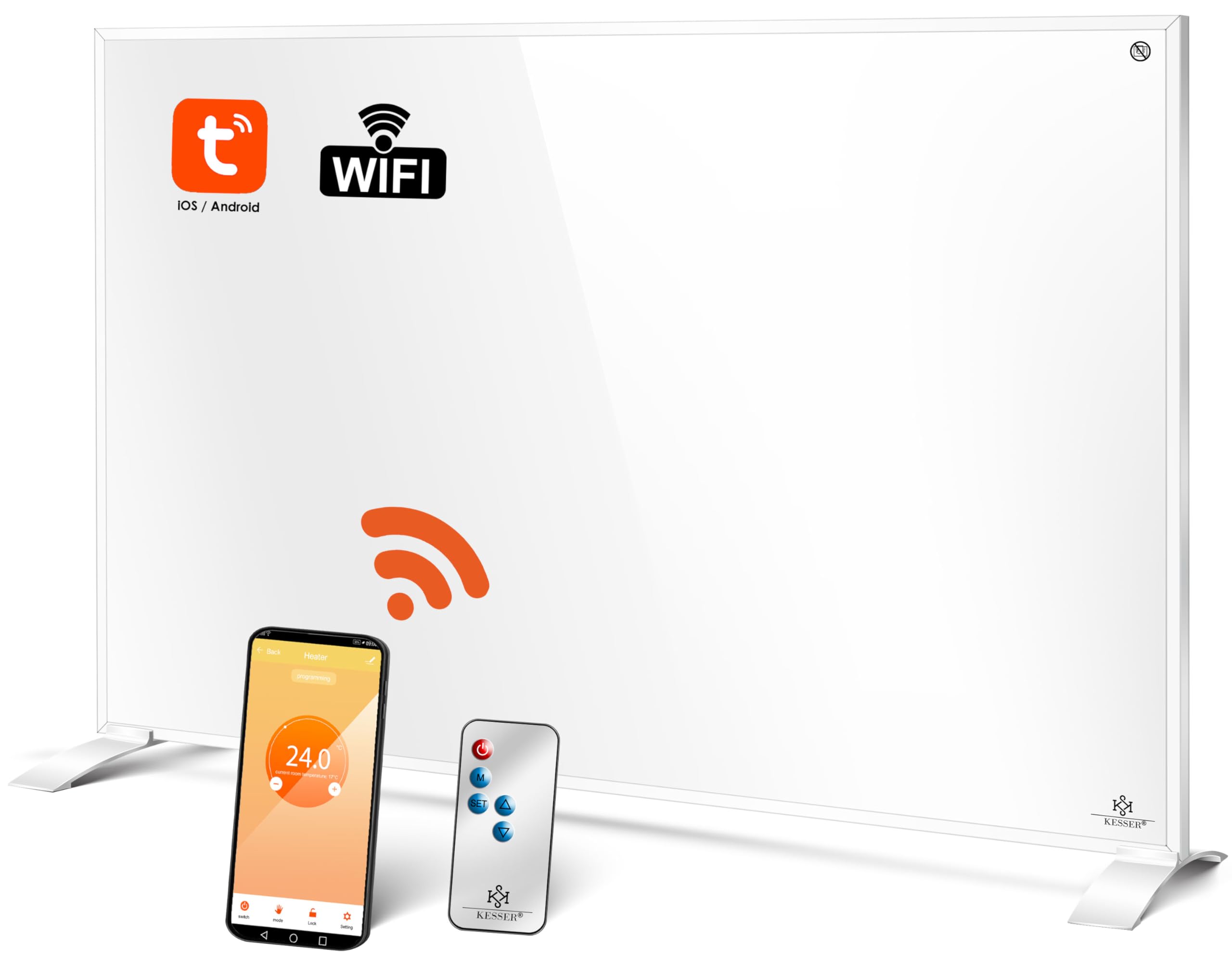 KESSER® Chauffage infrarouge à économie d'énergie - Appareil sur pied et montage mural - Chauffage électrique - 550W - Avec télécommande - Thermostat et commande d'application - Panneau chauffant