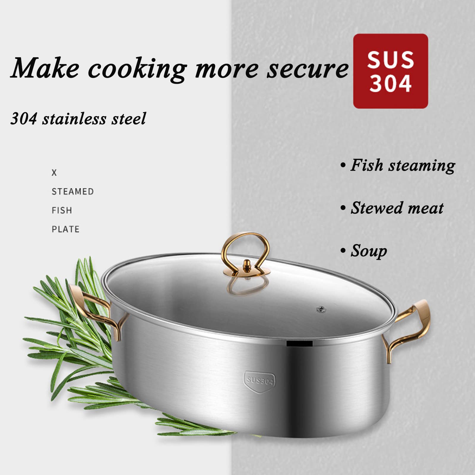 Pentola a vapore ovale in acciaio inox 304 resistente, multiuso, ellittica, con rastrelliera, padella in ceramica, clip antiscottatura, coperchio in vetro ventilato per cuocere a vapore pesce, zuppa