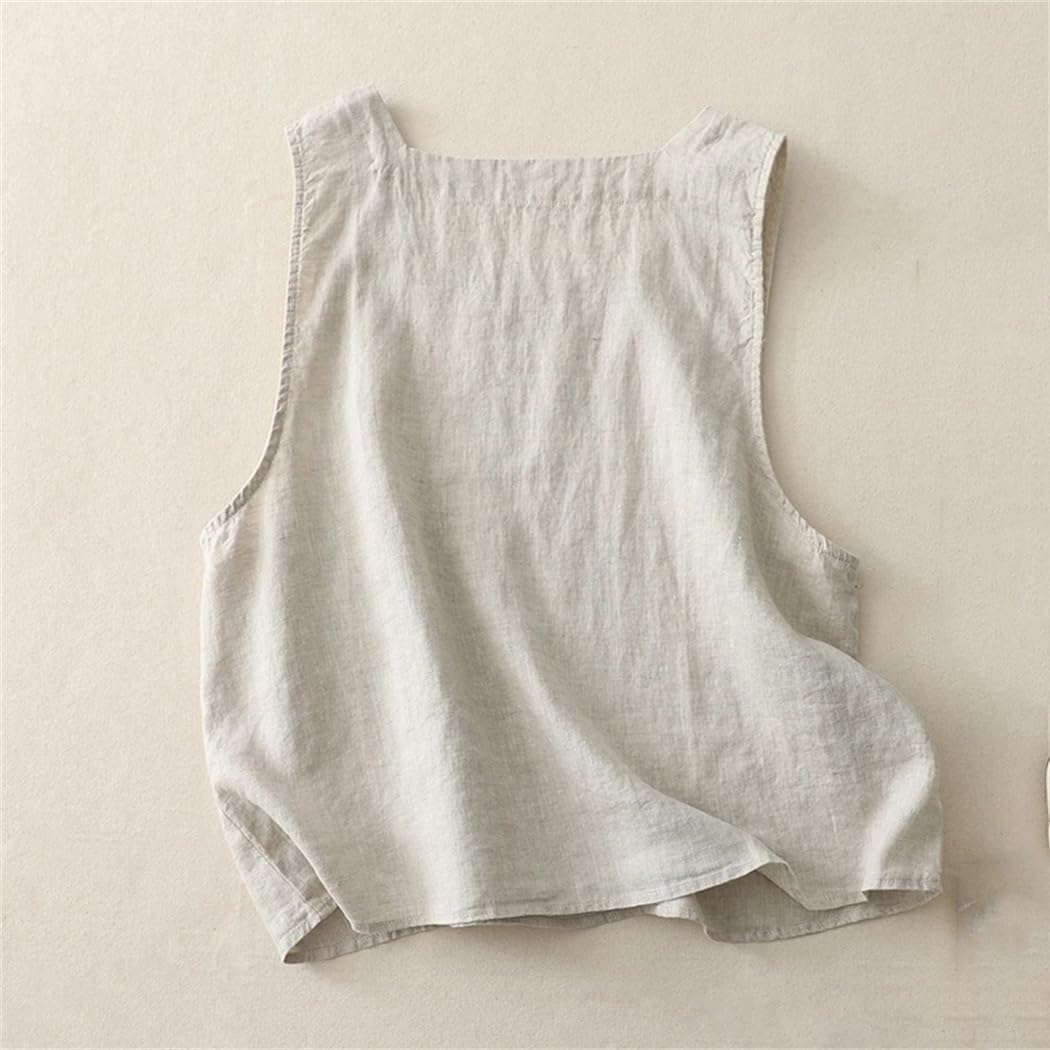 Camiseta básica de algodón y lino para mujer, de verano, cuello cuadrado, sin mangas, estilo vintage, holgada