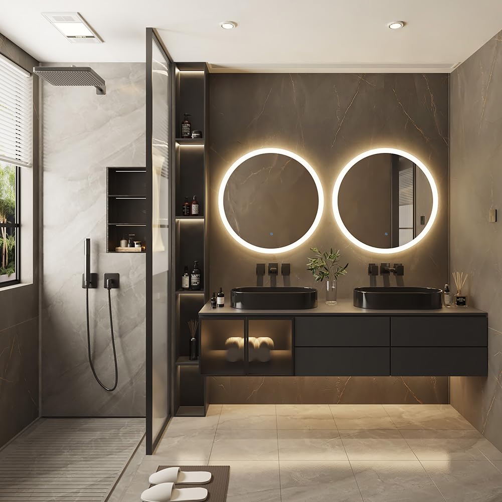 80cm Runder Badspiegel mit Beleuchtung, 3D Edge Lighting, 3 Farbtemperaturen, Dimmbar, Badezimmerspiegel mit Beleuchtung, Entfogging, Speicherfunktion, Modernes Design, HD, Touch-Schalter