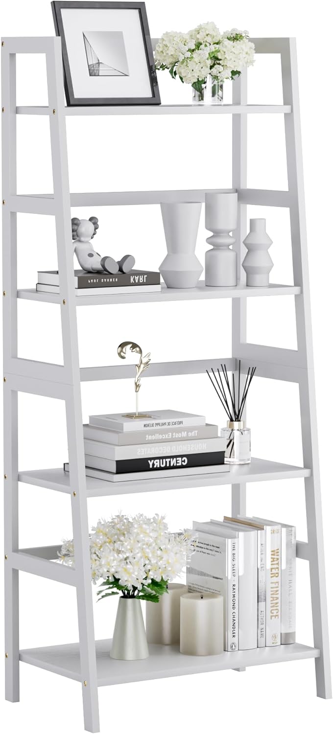 HITNET Ladder Shelf, 4 Tier Bookshelf, Floor Standing Bathroom Storage Rack with Bamboo Frame, Home Office Open Display Bookcase, White