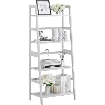 HITNET Ladder Shelf, White, Bookcase with 4 Levels, Freestanding Standing Shelf, Open Bathroom Shelf, Standing for Bathroom, 